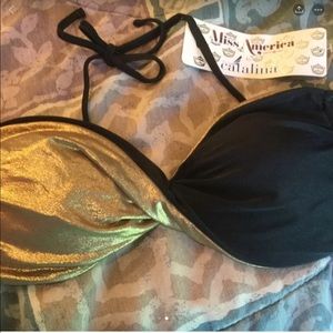 Catalina gold black twisted bandeau Bikini Top NWT